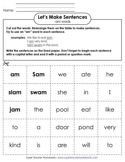 Worksheets - Make Sentences: Word Cards (-am) (Printable PDF Worksheet)