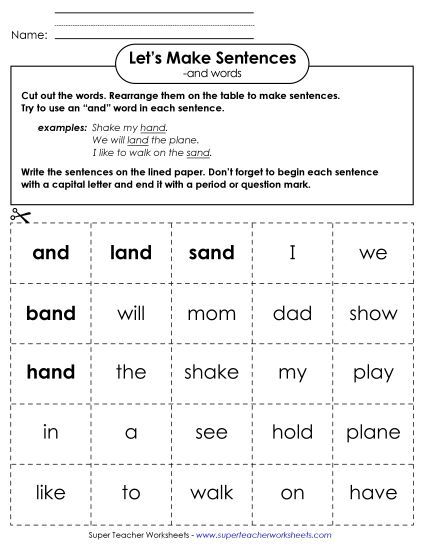 Worksheets - Make Sentences: Word Cards (-and) (Printable PDF Worksheet)