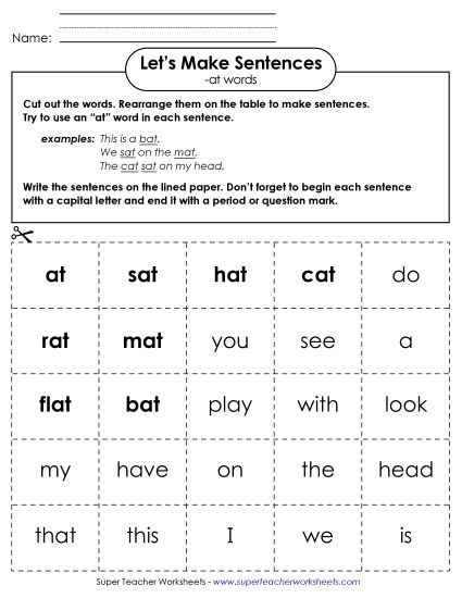 Worksheets - Make Sentences: Word Cards (-at) (Printable PDF Worksheet)