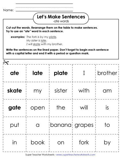 Worksheets - Make Sentences: Word Cards (-ate) (Printable PDF Worksheet)