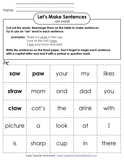 Worksheets - Make Sentences: Word Cards (-aw) (Printable PDF Worksheet)