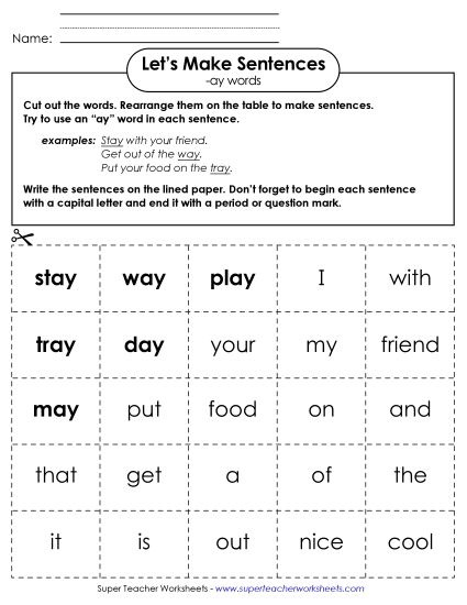 Worksheets - Make Sentences: Word Cards (-ay) (Printable PDF Worksheet)