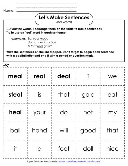 Worksheets - Make Sentences: Word Cards (-eal) (Printable PDF Worksheet)