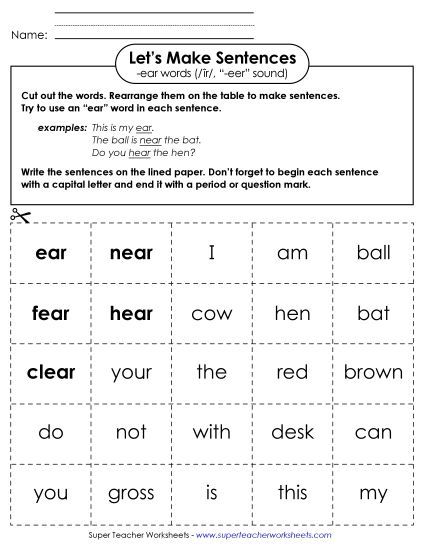 Worksheets - Make Sentences: Word Cards (-ear, 
