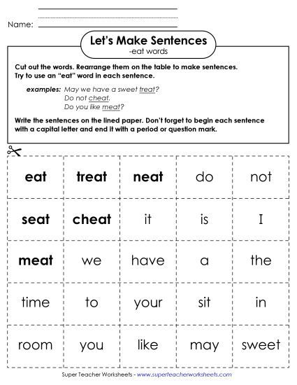 Worksheets - Make Sentences: Word Cards (-eat) (Printable PDF Worksheet)