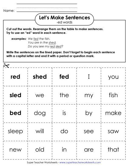 Worksheets - Make Sentences: Word Cards (-ed) (Printable PDF Worksheet)