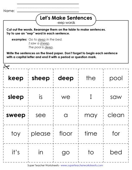 Worksheets - Make Sentences: Word Cards (-eep) (Printable PDF Worksheet)