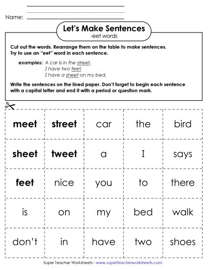 Worksheets - Make Sentences: Word Cards (-eet) (Printable PDF Worksheet)