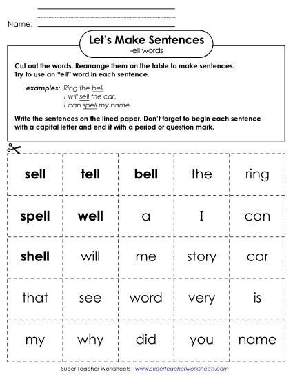 Worksheets - Make Sentences: Word Cards (-ell) (Printable PDF Worksheet)