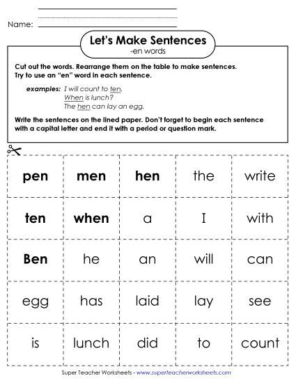 Worksheets - Make Sentences: Word Cards (-en) (Printable PDF Worksheet)