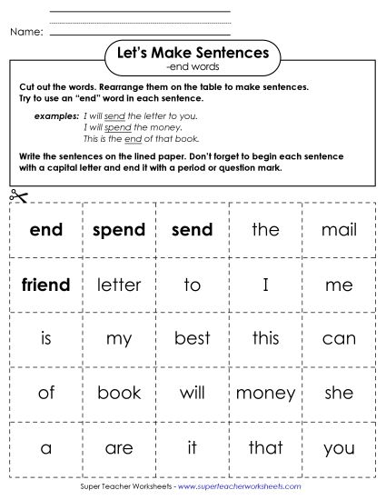 Worksheets - Make Sentences: Word Cards (-end) (Printable PDF Worksheet)