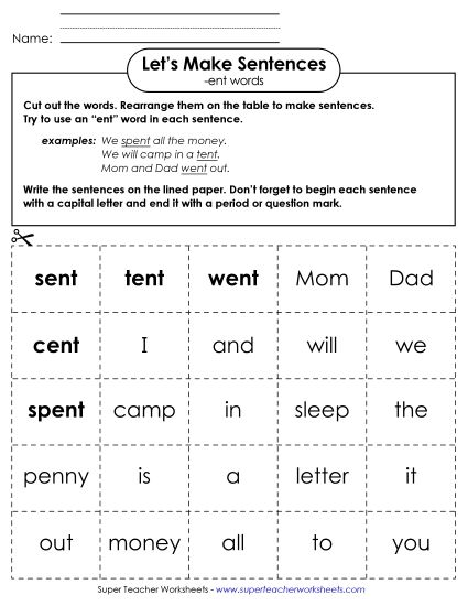 Worksheets - Make Sentences: Word Cards (-ent) (Printable PDF Worksheet)