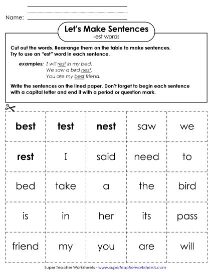 Worksheets - Make Sentences: Word Cards (-est) (Printable PDF Worksheet)