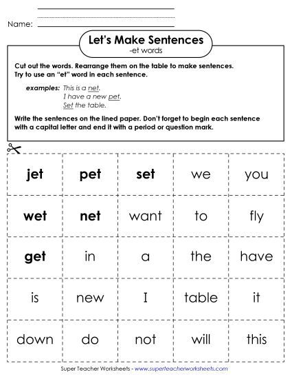 Worksheets - Make Sentences: Word Cards (-et) (Printable PDF Worksheet)