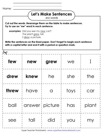 Worksheets - Make Sentences: Word Cards (-ew) (Printable PDF Worksheet)