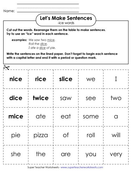 Worksheets - Make Sentences: Word Cards (-ice) (Printable PDF Worksheet)
