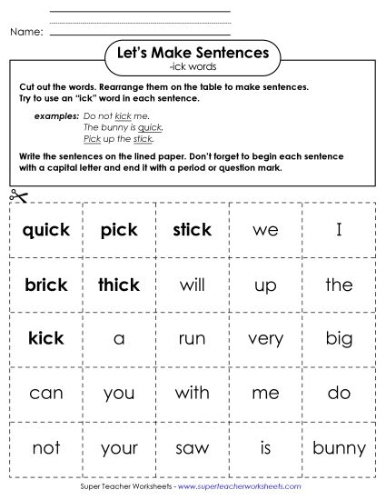Worksheets - Make Sentences: Word Cards (-ick) (Printable PDF Worksheet)