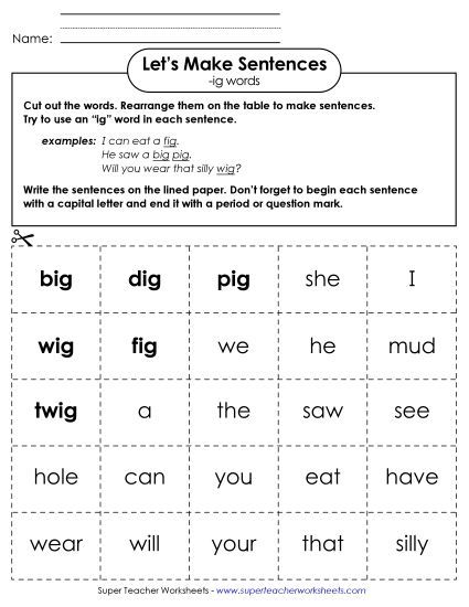 Worksheets - Make Sentences: Word Cards (-ig) (Printable PDF Worksheet)