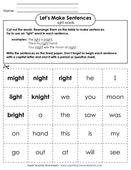 Worksheets - Make Sentences: Word Cards (-ight) (Printable PDF Worksheet)