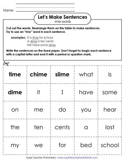 Worksheets - Make Sentences: Word Cards (-ime) (Printable PDF Worksheet)