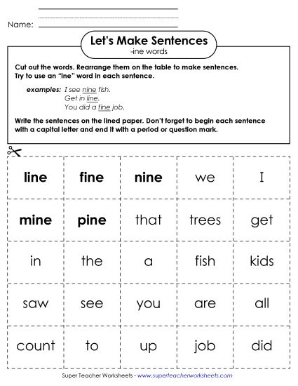 Worksheets - Make Sentences: Word Cards (-ine) (Printable PDF Worksheet)