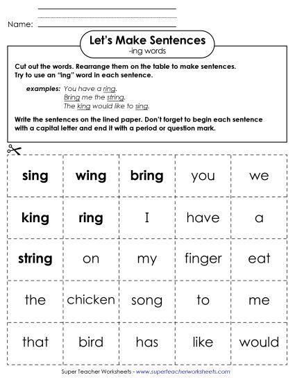 Worksheets - Make Sentences: Word Cards (-ing) (Printable PDF Worksheet)