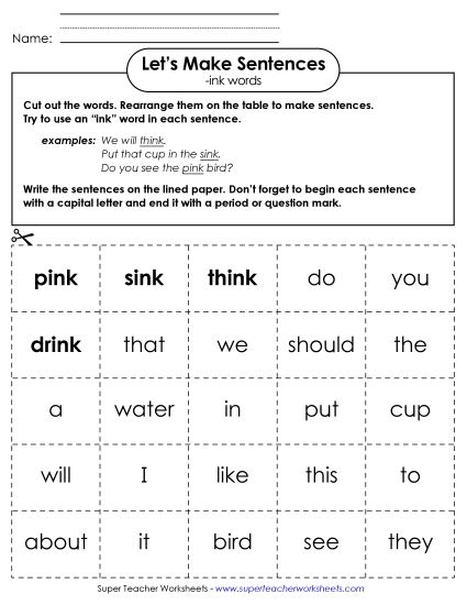 Worksheets - Make Sentences: Word Cards (-ink) (Printable PDF Worksheet)