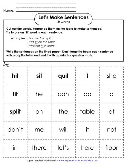 Worksheets - Make Sentences: Word Cards (-it) (Printable PDF Worksheet)