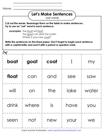 Worksheets - Make Sentences: Word Cards (-oat) (Printable PDF Worksheet)