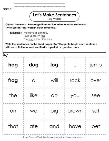 Worksheets - Make Sentences: Word Cards (-og) (Printable PDF Worksheet)