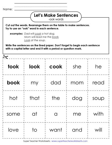 Worksheets - Make Sentences: Word Cards (-ook) (Printable PDF Worksheet)
