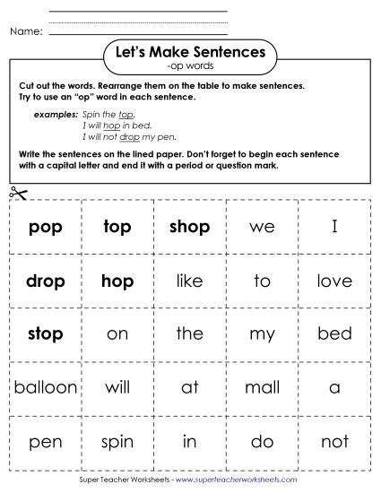 Worksheets - Make Sentences: Word Cards (-op) (Printable PDF Worksheet)