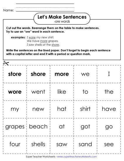 Worksheets - Make Sentences: Word Cards (-ore) (Printable PDF Worksheet)