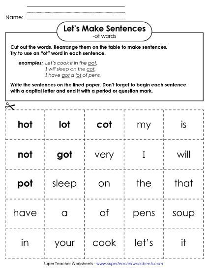Worksheets - Make Sentences: Word Cards (-ot) (Printable PDF Worksheet)