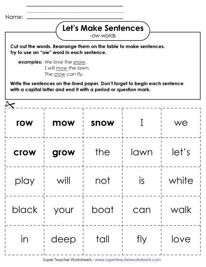 Long-O Sound (as in Grow) - Make Sentences: Word Cards (-ow) (Printable PDF Worksheet)