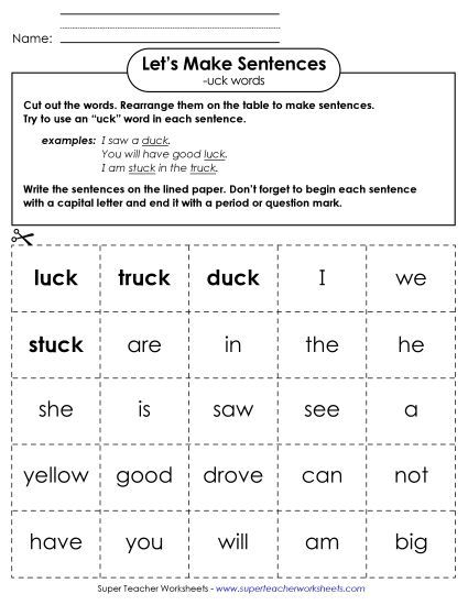 Worksheets - Make Sentences: Word Cards (-uck) (Printable PDF Worksheet)