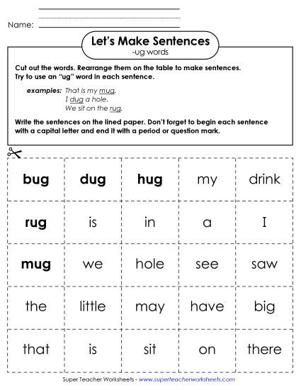 Worksheets - Make Sentences: Word Cards (-ug) (Printable PDF Worksheet)
