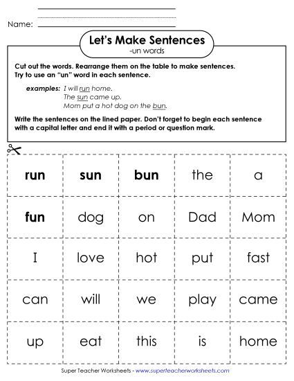 Worksheets - Make Sentences: Word Cards (-un) (Printable PDF Worksheet)