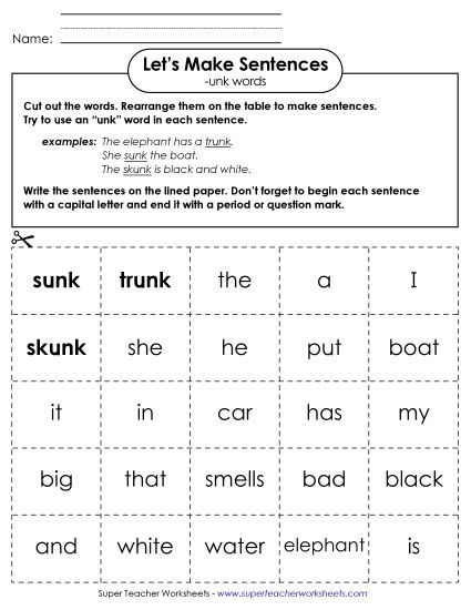 Worksheets - Make Sentences: Word Cards (-unk) (Printable PDF Worksheet)