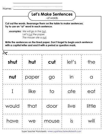Worksheets - Make Sentences: Word Cards (-ut) (Printable PDF Worksheet)