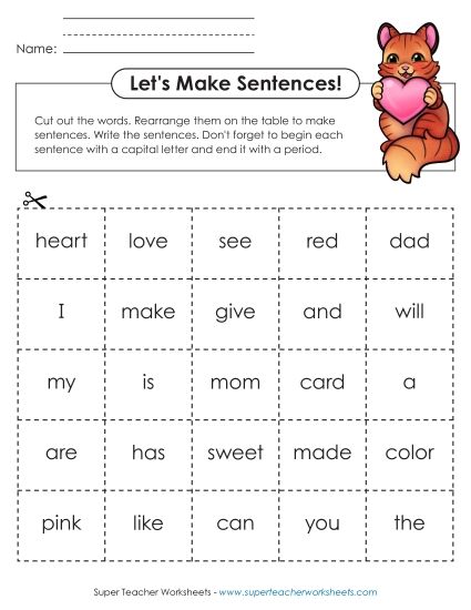 Early Literacy - Make Valentine Sentences (Printable PDF Worksheet)
