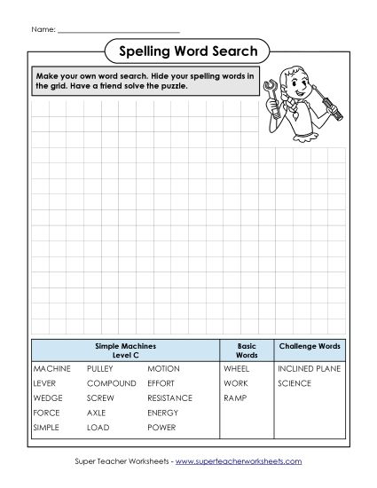 Worksheets and Activities - Make Your Own Word Search (C-Simple Machines Words)  (Printable PDF Worksheet)