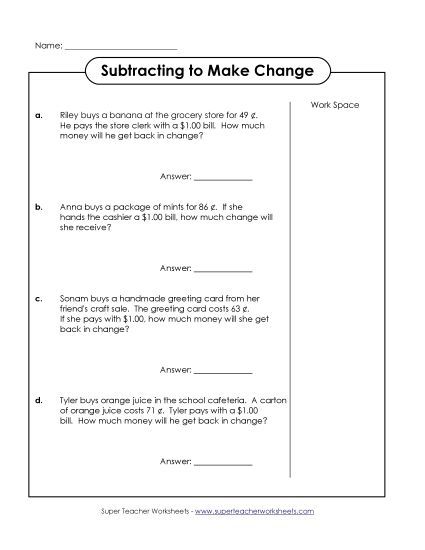 Level: Basic $1.00 and Under - Making Change for Amounts Under a Dollar  (Printable PDF Worksheet)