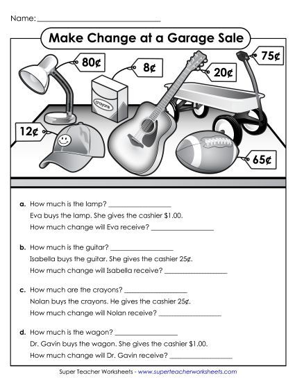 Level: Basic $1.00 and Under - Making Change: Garage Sale (Printable PDF Worksheet)