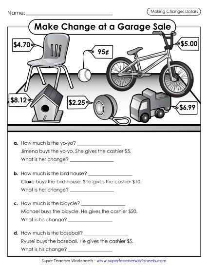 Level: Advanced $1.00 and Up - Making Change: Garage Sale (Dollars) (Printable PDF Worksheet)