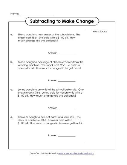Level: Basic $1.00 and Under - Making Change: Subtracting Amounts Under a Dollar (Printable PDF Worksheet)