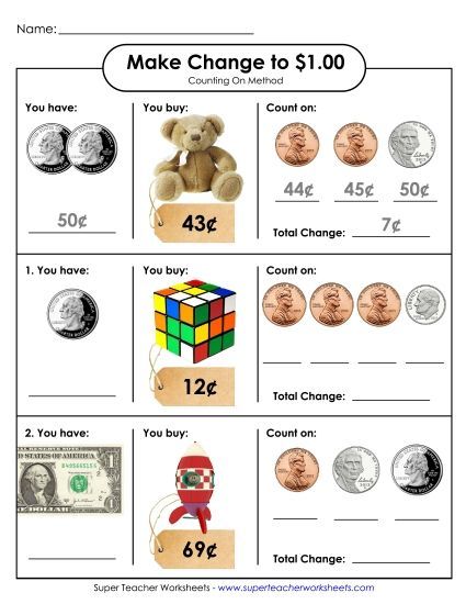 Level: Basic $1.00 and Under - Making Change to $1 Counting On Method (Printable PDF Worksheet)
