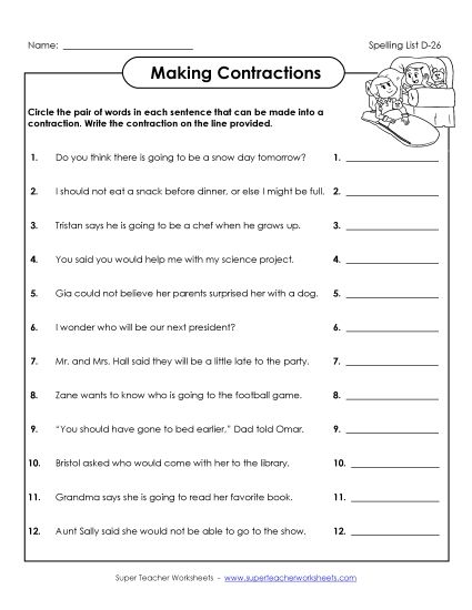 Worksheets - Making Contractions Worksheet (D-26)  (Printable PDF Worksheet)