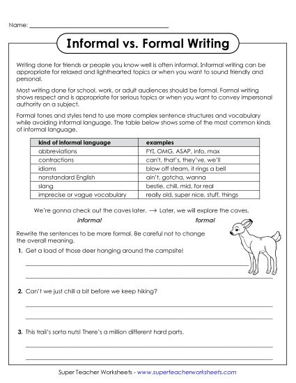 Formal vs. Informal Writing - Making Informal Sentences Formal (Printable PDF Worksheet)