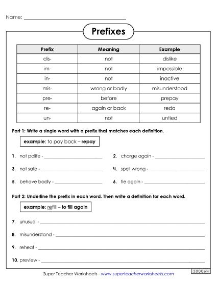 Prefixes - Making Words with Prefixes (Printable PDF Worksheet)